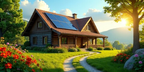 Rustic Log Cabin with Solar Panels on Roof, Nestled in Lush Green Meadow, Scenic Mountain View at Sunset