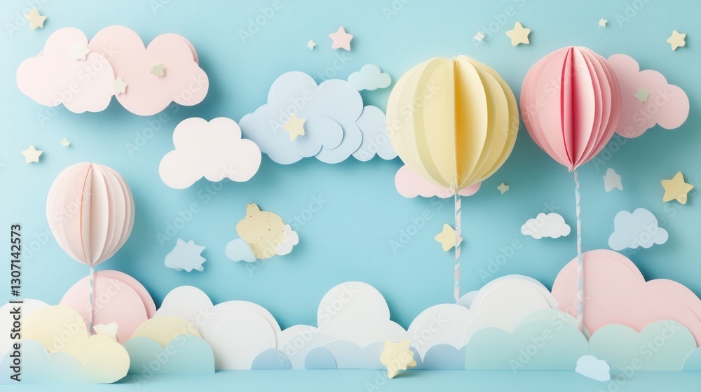 Leinwandbilder Whimsical paper art backdrop with pastel clouds, balloons, and stars creating a dreamy, playful atmosphere for creative projects Generative AI