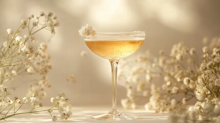 cocktail, garnished with gypsophila flowers, set against a light background to create an atmosphere of sophistication