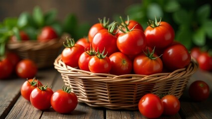 A bountiful harvest of ripe, red tomatoes nestled in a rustic wicker basket, surrounded by additional tomatoes and verdant foliage, sits on a dark wooden surface.