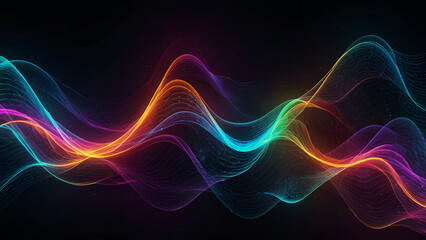 Obraz premium Vibrant Waveforms on Dark Background Flowing Colorful Lines Representing Energy Sound and Digital Data in a Dynamic Abstract Composition 