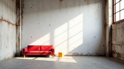 Red sofa and yellow cube in a sunlit industrial interior space