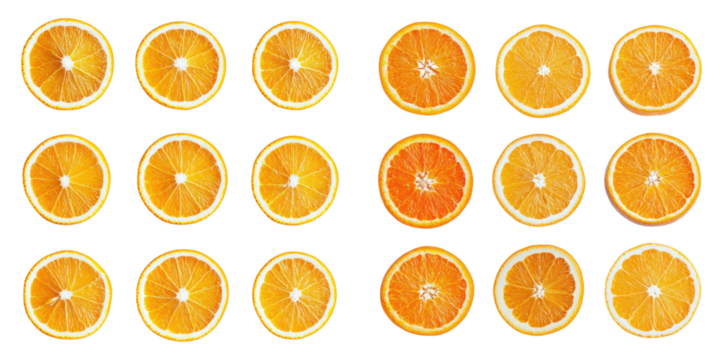 Slices of fresh orange arranged in grid pattern on transparency background
