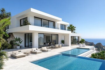 Fototapeta premium Modern White Villa with Pool and Sea View: Featuring Light Gray Concrete Tiles and Large Ocean-facing Windows