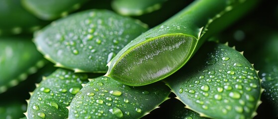 Obraz premium Fresh Aloe Vera Plant with Dew Drops - Close Up Macro Photography