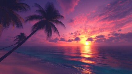 A vibrant beach sunset with palm trees silhouetted against a colorful sky, calm ocean reflecting the warm hues, serene and tranquil atmosphere, ultra-realistic.