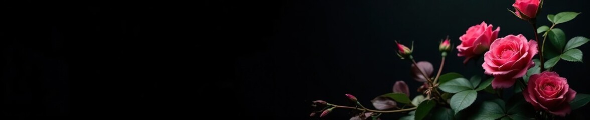 Fototapeta premium Darkened garden scene with roses and foliage on the right side against a black background, dark, flowers, peaceful