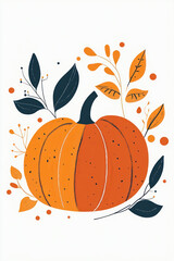 Naklejka premium vibrant pumpkin surrounded by leaves and decorative elements, perfect for autumn themes. This illustration captures essence of fall with its warm colors and playful design