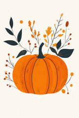 Naklejka premium vibrant orange pumpkin surrounded by autumn leaves and berries, creating warm seasonal feel. Perfect for fall decor and celebrations