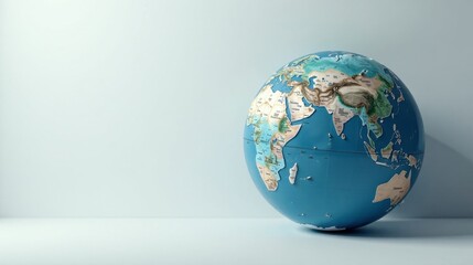 A Detailed Miniature Globe Resting on a Pale Surface, Displaying a Comprehensive World Map with Embossed Terrain Features
