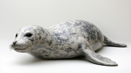 Intricately carved, this gray and white marble-like sculpture captures a seal&rsquo;s head and neck in lifelike detail, its textured surface adding depth and realism