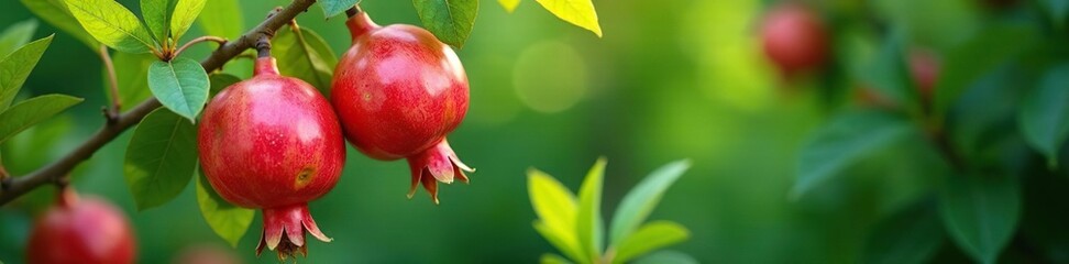 Pomegranate tree with leaves and flowers blooming, greenery, foliage, flowers