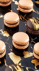 Delicious French Macaroons Arranged Elegantly on a Stylish Black and Gold Marble Surface for a Luxurious Dessert Experience, Sweet Treat Concept