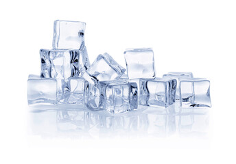 Many crystal clear ice cubes isolated on white