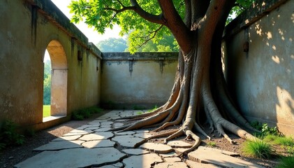 Cracked and crumbling concrete foundation with roots of an ancient tree, ruin, concrete