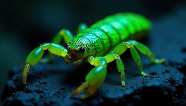 Buthus occitanus under UV light glowing bright green, insect glow, scorpion glow, arachnid