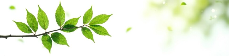 Fototapeta premium Leafy branch isolated against stark white space, plants, simple composition, tree branches