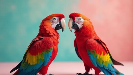 Obraz premium Vibrant Scarlet Macaws Face Each Other Against a Pastel Background, Displaying Their Vivid Plumage and Intricate Feather Details