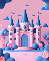 blue theme Pink pastel princess birthday invitation plain modern flat illustration background with copy space backdrop