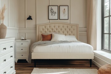 Neutral Beige Single Bed with Decorative Headboard and Footboard: Featuring a Black Wall Lamp and White Chest of Drawers