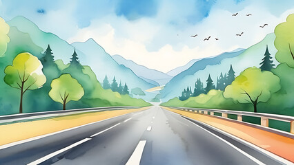 Driving along scenic road watercolor painting of nature and mountains