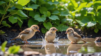 Fototapeta premium Three adorable baby birds enjoy a refreshing bath in a shallow puddle, splashing joyfully amidst lush green foliage. A delightful summer scene!