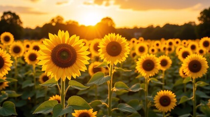 Obraz premium Golden hour illuminates a breathtaking sunflower field, bathed in the warm glow of the setting sun. A mesmerizing spectacle of nature's artistry.