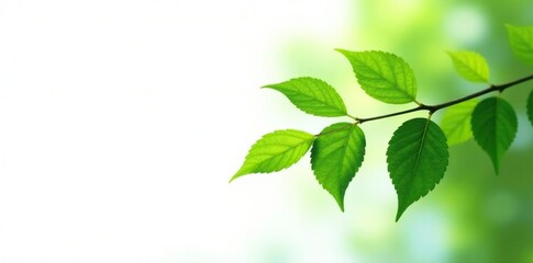 Leafy branch with green foliage against white background, leaves, nature photography