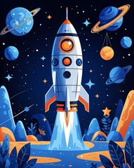 blue theme Space exploration theme kids party invitation plain modern flat illustration background with copy space backdrop