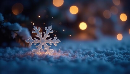 Sparkling snowflake caught in the glow of dark Christmas lights, glowy decoration, winter wonderland
