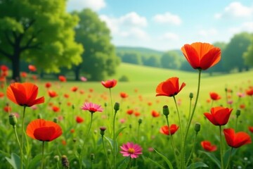 Poppies and cornflowers in a lush green summer meadow, poppies, floral field,