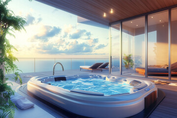Obraz premium Luxury Jacuzzi Ocean View Terrace. Luxurious jacuzzi on a terrace with ocean view at sunset. Ideal for travel and spa themes.