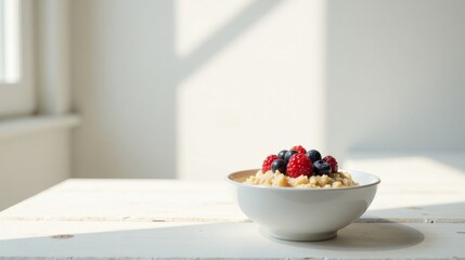 A delightful bowl of creamy porridge topped with fresh raspberries and blueberries, bathed in sunlight on a rustic white table