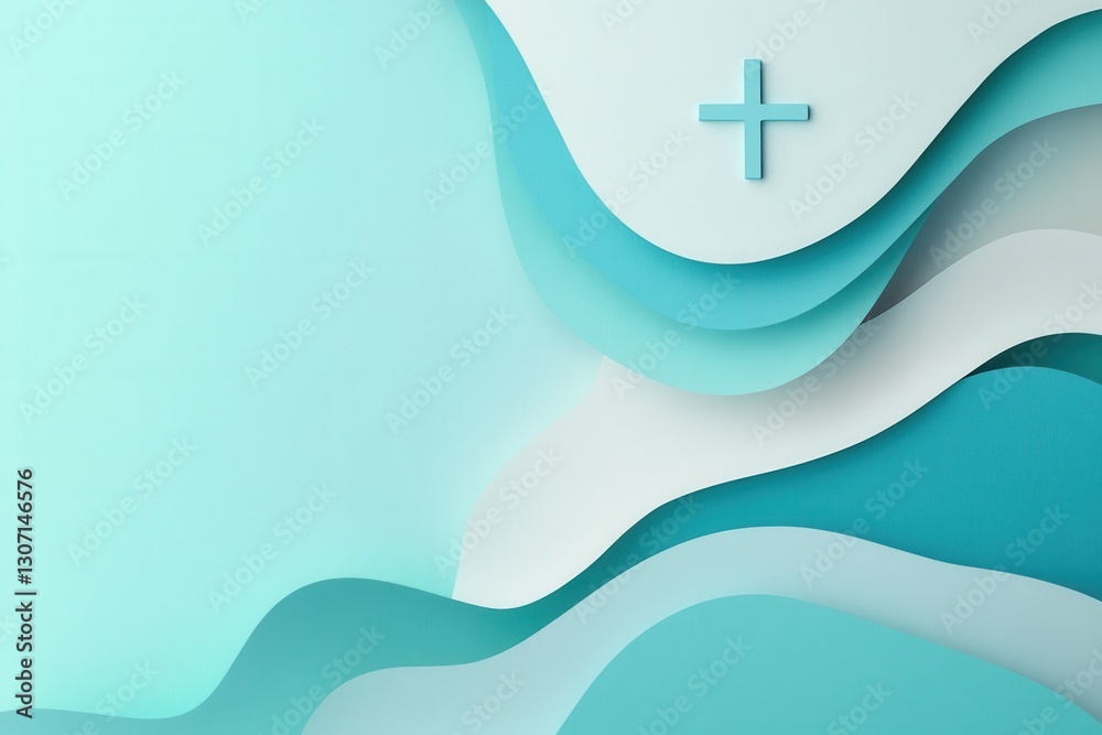Poster layered paper art design with medical symbols in calming blue and teal tones for soothing background