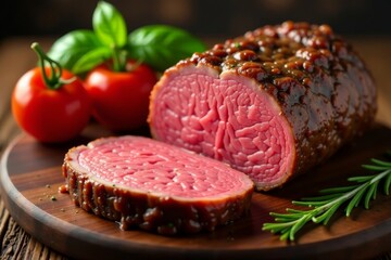 Sliced roasted bottom round beef, rich brown crust , savory, beef cut, culinary