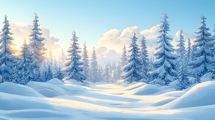 Fototapeta premium A serene and snowy winter scene with many evergreen trees