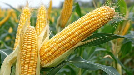 Ripe yellow corn cobs in a field.