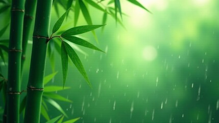 Obraz premium Serene Bamboo Grove Under a Gentle Rain Shower, Lush Green Foliage and Tranquil Atmosphere