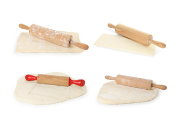 Rolling pins with dough isolated on white, set