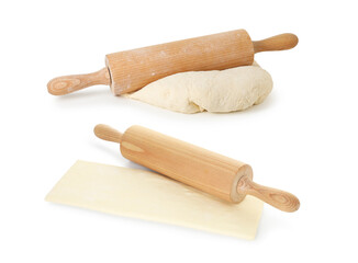 Rolling pin with dough isolated on white, collage