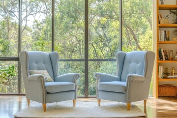 Obraz premium Elegant Armchairs: Light Blue Fabric and Wooden Legs with Nail-head Trim in Front of a Park-view Window