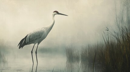 Naklejka premium Crane standing alone in foggy wetland, soft natural light, muted gray and green tones, and quiet mysterious atmosphere, eye-level perspective.