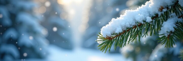 Snowflake-covered pine boughs in icy landscape, snowflakes, natural