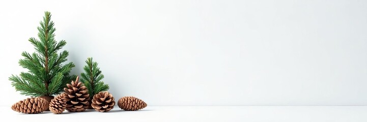 Clean white backdrop, stylized pine trees & cones, minimalist design , design, nature, element