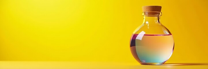 Colorful bubble bottle against sunny yellow backdrop , happy, liquid, bubbles