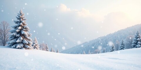 Fototapeta premium Serene Winter Landscape Snow-Covered Evergreens and Gently Falling Snow on a Snowy Hillside Under a Softly Lit Sky