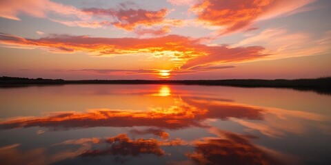 Crimson sunset ablaze, painting the tranquil lake with fiery hues, reflecting a breathtaking spectacle of nature's artistry.