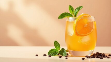 Fototapeta premium Refreshing Citrus Beverage with Ice and Mint Garnish, Served in a Glass with Coffee Beans