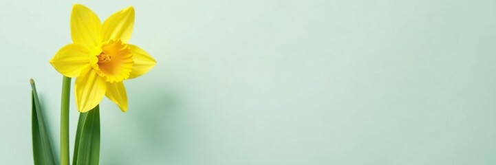 Single stem of bright yellow narcissus with green leaves, color, nature, texture