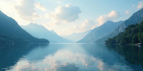 Soft cloudy sky over a serene lake with surrounding mountains, lake, serene